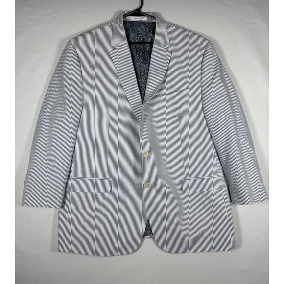 Lauren Ralph Lauren LRL Blazer Men 48R Blue Striped Two Button Seersucker Jacket